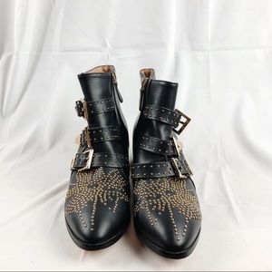 Black Pointed Gold Stud Buckle Strap Boots